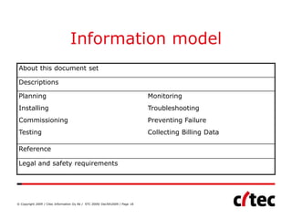 Information model
 About this document set

 Descriptions

 Planning                                                                     Monitoring
 Installing                                                                   Troubleshooting
 Commissioning                                                                Preventing Failure
 Testing                                                                      Collecting Billing Data

 Reference

 Legal and safety requirements




© Copyright 2009 / Citec Information Oy Ab / STC 2009/ Dec5th2009 / Page 18
 