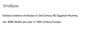 Smallpox
Earliest evidence of disease in 3rd Century BC Egyptian Mummy.
est. 400K deaths per year in 18th Century Europe.
 