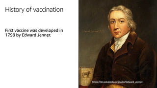 History of vaccination
First vaccine was developed in
1798 by Edward Jenner.
https://en.wikipedia.org/wiki/Edward_Jenner
 