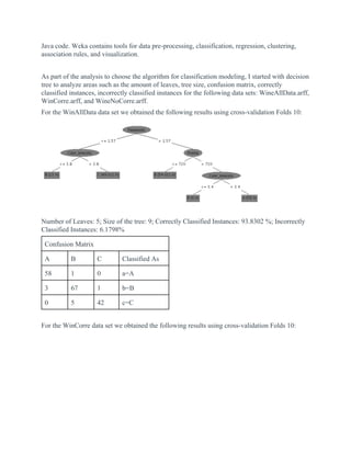 Java code. Weka contains tools for data pre-processing, classification, regression, clustering,
association rules, and visualization.
As part of the analysis to choose the algorithm for classification modeling, I started with decision
tree to analyze areas such as the amount of leaves, tree size, confusion matrix, correctly
classified instances, incorrectly classified instances for the following data sets: WineAllData.arff,
WinCorre.arff, and WineNoCorre.arff.
For the WinAllData data set we obtained the following results using cross-validation Folds 10:
Number of Leaves: 5; Size of the tree: 9; Correctly Classified Instances: 93.8302 %; Incorrectly
Classified Instances: 6.1798%
Confusion Matrix
A B C Classified As
58 1 0 a=A
3 67 1 b=B
0 5 42 c=C
For the WinCorre data set we obtained the following results using cross-validation Folds 10:
 