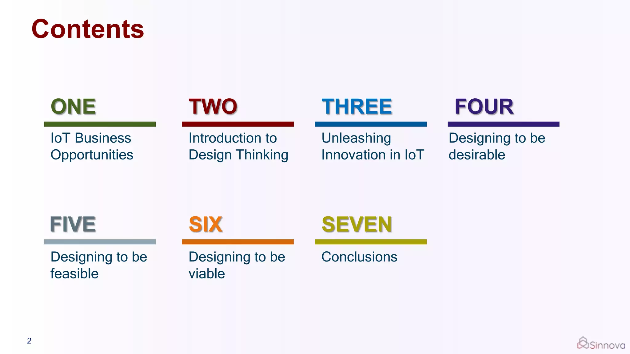 Contents
ONE TWO THREE FOUR
FIVE SIX SEVEN
IoT Business
Opportunities
Introduction to
Design Thinking
Unleashing
Innovation in IoT
Designing to be
desirable
Designing to be
viable
ConclusionsDesigning to be
feasible
2
 
