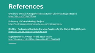 University of Texas Arlington Memorandum of Understanding Collection
https://doi.org/10106/25646
University of Victoria Endings Project
https://onlineacademiccommunity.uvic.ca/endingsproject/
DigCCurr Professional Institute: Curation Practices for the Digital Object Lifecycle
https://ils.unc.edu/digccurr/institute.html
Digital Libraries: A Vision for the 21st Century
http://dx.doi.org/10.3998/spobooks.bbv9812.0001.001
References
 