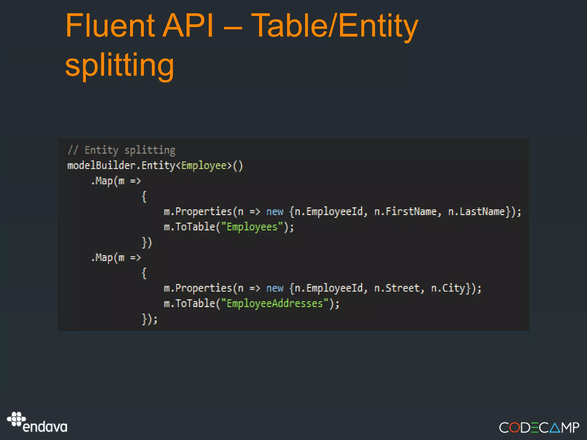 Fluent API – Table/Entity
splitting
 