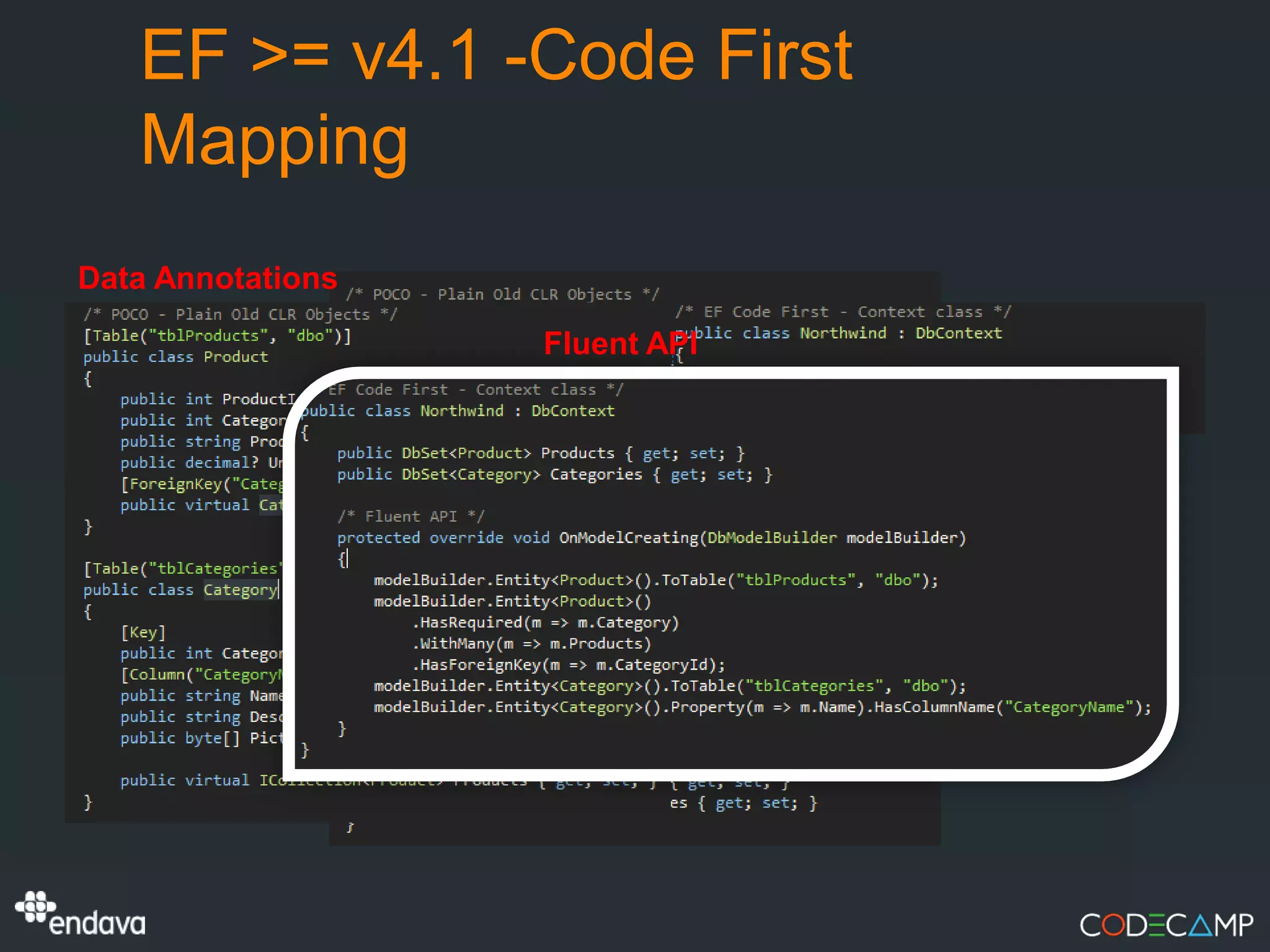 EF >= v4.1 -Code First
   Mapping
Data Annotations

                   Fluent API
 