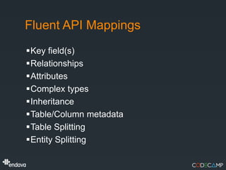 Fluent API Mappings
Key field(s)
Relationships
Attributes
Complex types
Inheritance
Table/Column metadata
Table Splitting
Entity Splitting
 