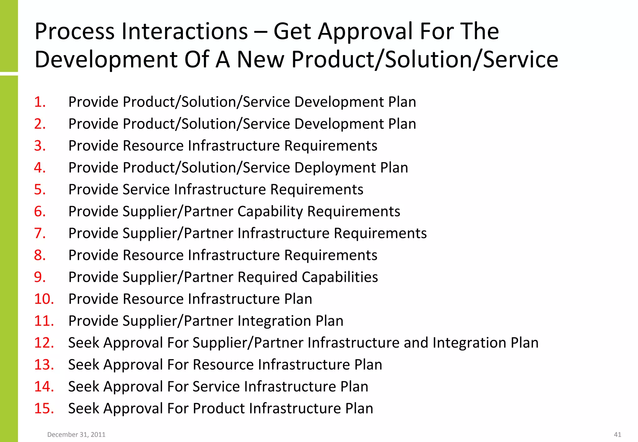 Process Interactions – Get Approval For The Development Of A New Product/Solution/Service Provide Product/Solution/Service Development Plan Provide Product/Solution/Service Development Plan Provide Resource Infrastructure Requirements Provide Product/Solution/Service Deployment Plan Provide Service Infrastructure Requirements Provide Supplier/Partner Capability Requirements Provide Supplier/Partner Infrastructure Requirements Provide Resource Infrastructure Requirements Provide Supplier/Partner Required Capabilities Provide Resource Infrastructure Plan Provide Supplier/Partner Integration Plan Seek Approval For Supplier/Partner Infrastructure and Integration Plan Seek Approval For Resource Infrastructure Plan Seek Approval For Service Infrastructure Plan Seek Approval For Product Infrastructure Plan 