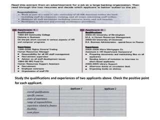 Study the qualifications and experiences of two applicants above. Check the positive point
for each applicant.
 