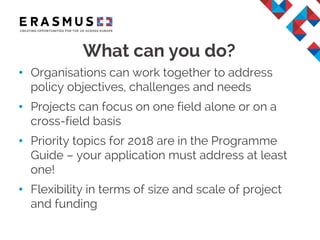 • Organisations can work together to address
policy objectives, challenges and needs
• Projects can focus on one field alone or on a
cross-field basis
• Priority topics for 2018 are in the Programme
Guide – your application must address at least
one!
• Flexibility in terms of size and scale of project
and funding
What can you do?
 