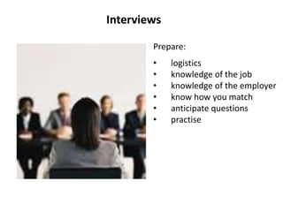 Interviews
Prepare:
• logistics
• knowledge of the job
• knowledge of the employer
• know how you match
• anticipate questions
• practise
 