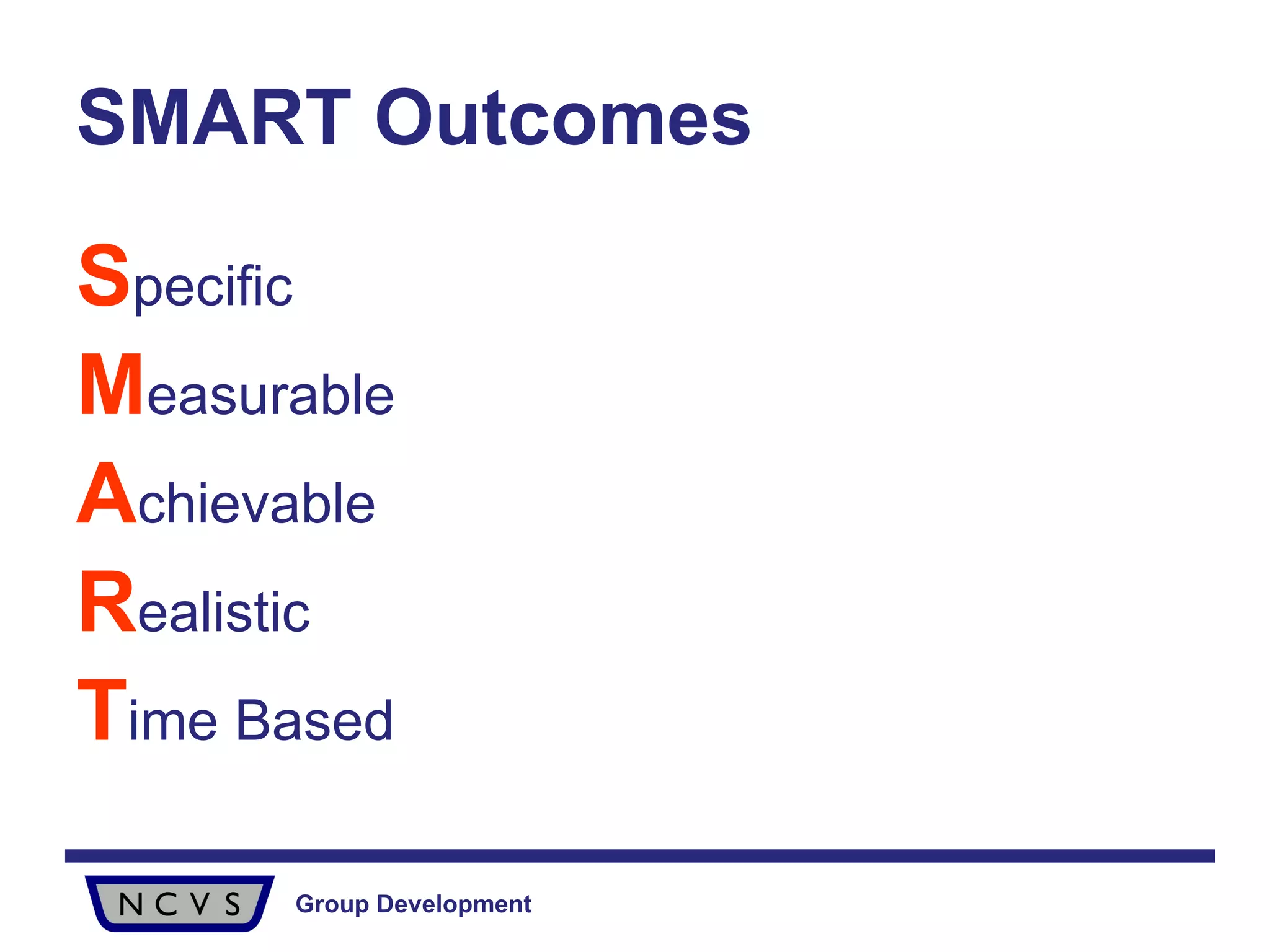 SMART Outcomes S pecific M easurable A chievable R ealistic T ime Based 