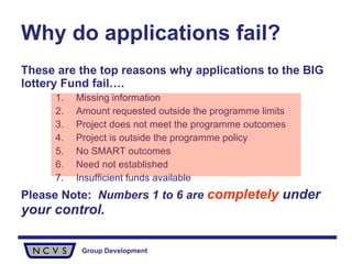Why do applications fail? These are the top reasons why applications to the BIG lottery Fund fail….  Missing information Amount requested outside the programme limits Project does not meet the programme outcomes Project is outside the programme policy No SMART outcomes Need not established Insufficient funds available Please Note:  Numbers 1 to 6 are  completely  under your control.  