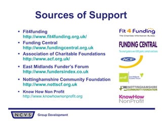 Sources of Support Fit4funding  http://www.fit4funding.org.uk/ Funding Central  http://www.fundingcentral.org.uk Association of Charitable Foundations  http://www.acf.org.uk/ East Midlands Funder’s Forum  http://www.fundersindex.co.uk Nottinghamshire Community Foundation  http://www.nottscf.org.uk Know How Non Profit   http://www.knowhownonprofit.org 