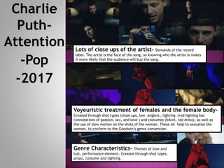 Charlie
Puth-
Attention
-Pop
-2017
Lots of close ups of the artist- Demands of the record
label. The artist is the face of the song, so knowing who the artist is makes
it more likely that the audience will buy the song.
Genre Characteristics- Themes of love and
lust, performance element. Created through shot types,
props, costume and lighting.
Voyeuristic treatment of females and the female body-
Created through shot types (close ups, low angles) , lighting (red lighting has
connotations of passion, sex, and love ) and costumes (bikini, red dress), as well as
the use of slow motion on the shots of the woman. These all help to sexualise the
woman, to conform to the Goodwin’s genre convention.
 