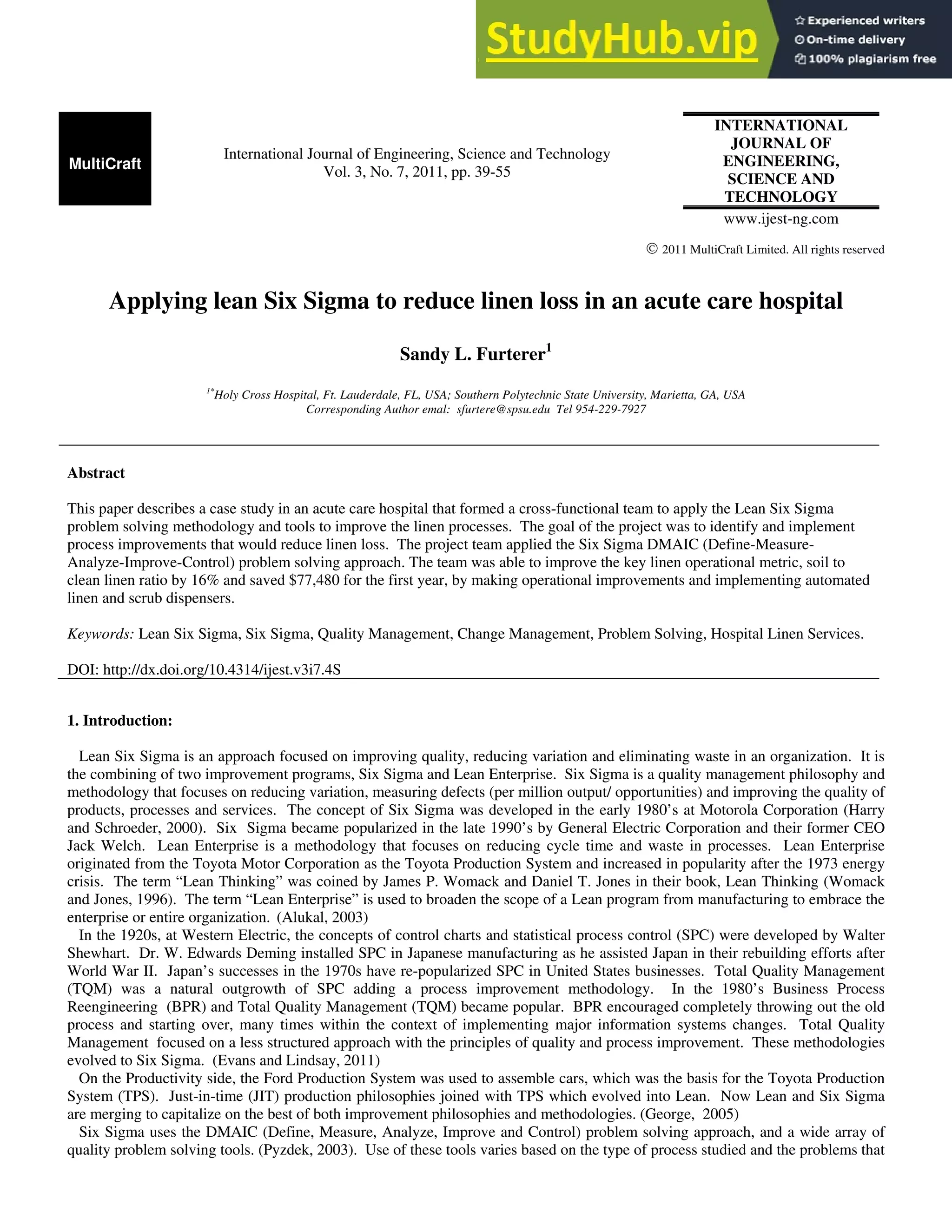 Applying Lean Six Sigma To Reduce Linen Loss In An Acute Care | PDF