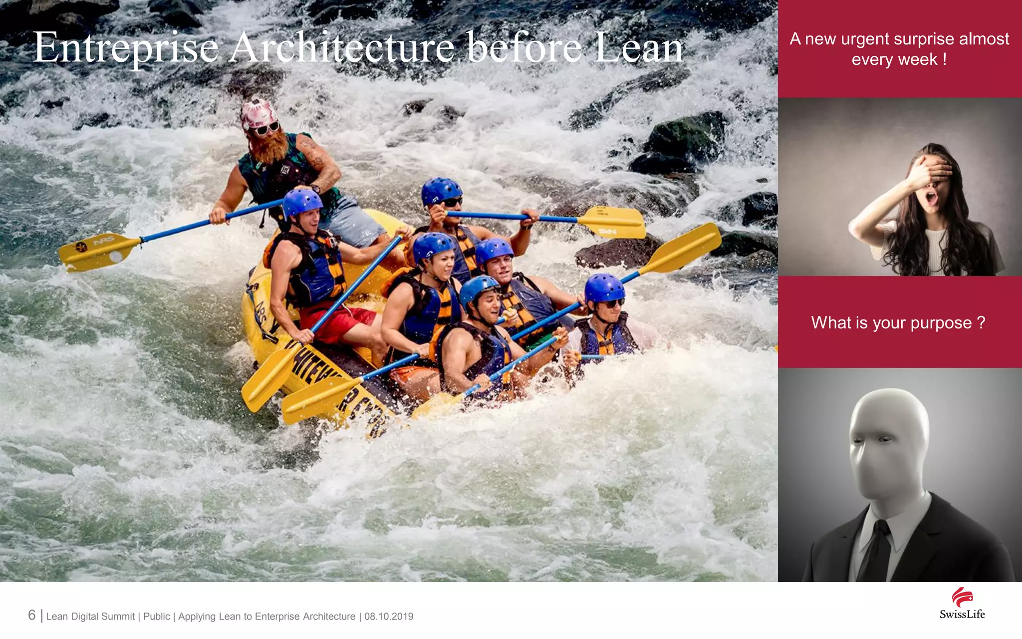 6 | Lean Digital Summit | Public | Applying Lean to Enterprise Architecture | 08.10.2019
A new urgent surprise almost
every week !
What is your purpose ?
Entreprise Architecture before Lean
 