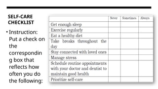 SELF-CARE
CHECKLIST
• Instruction:
Put a check on
the
correspondin
g box that
reflects how
often you do
the following:
 