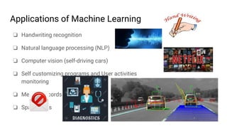 Applications of Machine Learning
❏ Handwriting recognition
❏ Natural language processing (NLP)
❏ Computer vision (self-driving cars)
❏ Self customizing programs and User activities
monitoring
❏ Medical records
❏ Spam filters
 