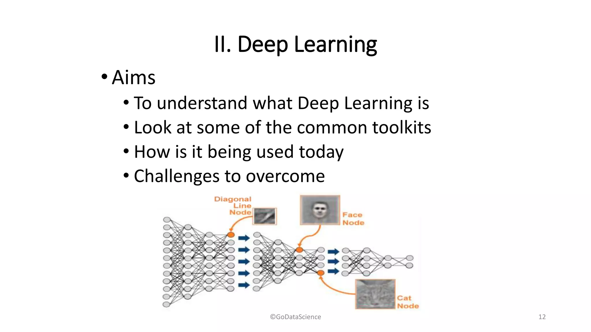 II. Deep Learning
•Aims
• To understand what Deep Learning is
• Look at some of the common toolkits
• How is it being used today
• Challenges to overcome
©GoDataScience 12
 