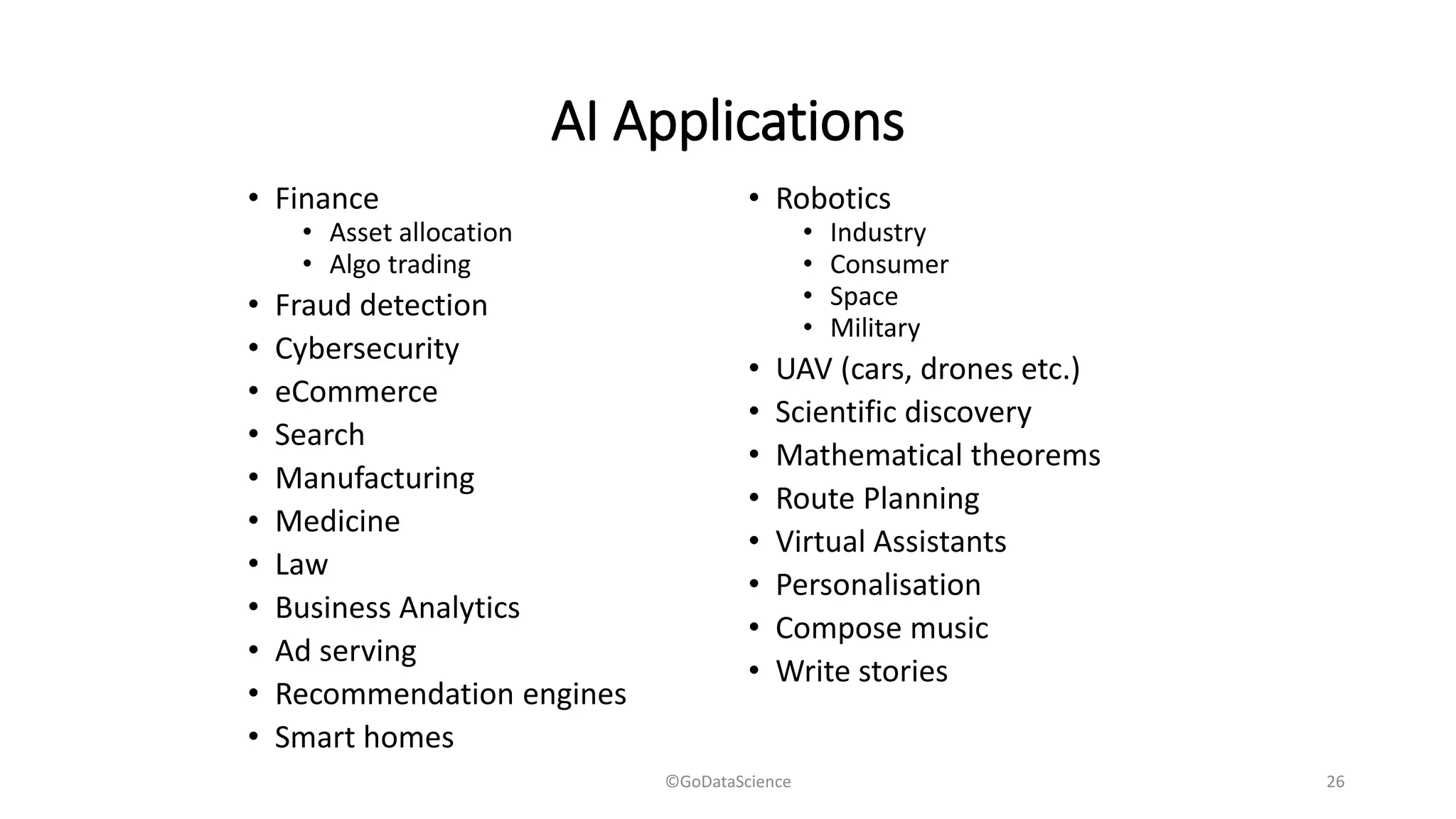 AI Applications
• Finance
• Asset allocation
• Algo trading
• Fraud detection
• Cybersecurity
• eCommerce
• Search
• Manufacturing
• Medicine
• Law
• Business Analytics
• Ad serving
• Recommendation engines
• Smart homes
• Robotics
• Industry
• Consumer
• Space
• Military
• UAV (cars, drones etc.)
• Scientific discovery
• Mathematical theorems
• Route Planning
• Virtual Assistants
• Personalisation
• Compose music
• Write stories
©GoDataScience 26
 