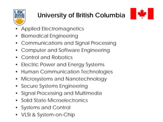 University of British Columbia
• Applied Electromagnetics
• Biomedical Engineering
• Communications and Signal Processing
• Computer and Software Engineering
• Control and Robotics
• Electric Power and Energy Systems
• Human Communication Technologies
• Microsystems and Nanotechnology
• Secure Systems Engineering
• Signal Processing and Multimedia
• Solid State Microelectronics
• Systems and Control
• VLSI & System-on-Chip
 