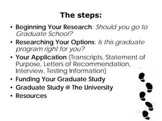 The steps:
• Beginning Your Research: Should you go to
Graduate School?
• Researching Your Options: Is this graduate
program right for you?
• Your Application (Transcripts, Statement of
Purpose, Letters of Recommendation,
Interview, Testing Information)
• Funding Your Graduate Study
• Graduate Study @ The University
• Resources
 