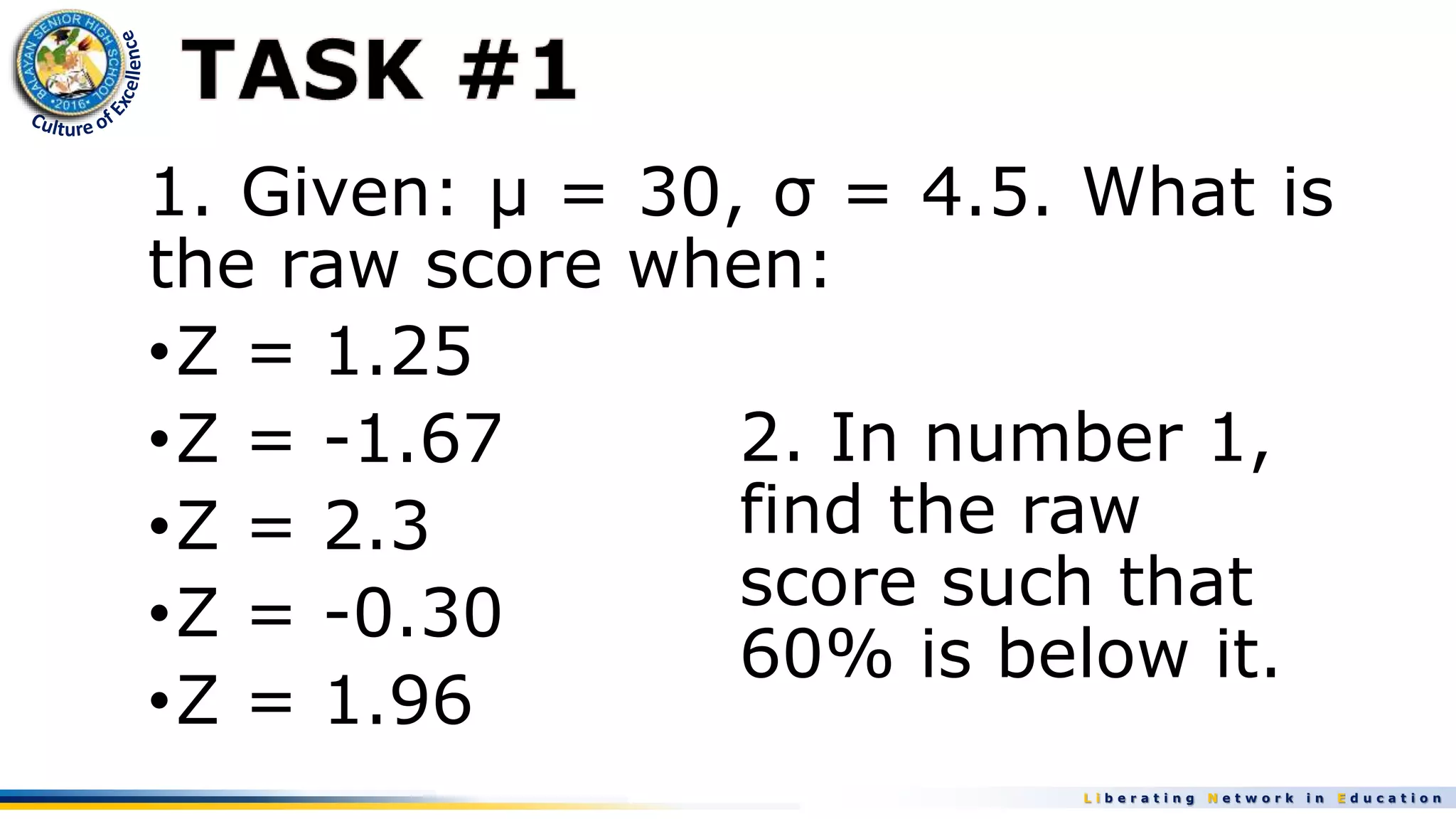L i b e r a t i n g N e t w o r k i n E d u c a t i o n
1. Given: µ = 30, σ = 4.5. What is
the raw score when:
•Z = 1.25
•Z = -1.67
•Z = 2.3
•Z = -0.30
•Z = 1.96
2. In number 1,
find the raw
score such that
60% is below it.
 