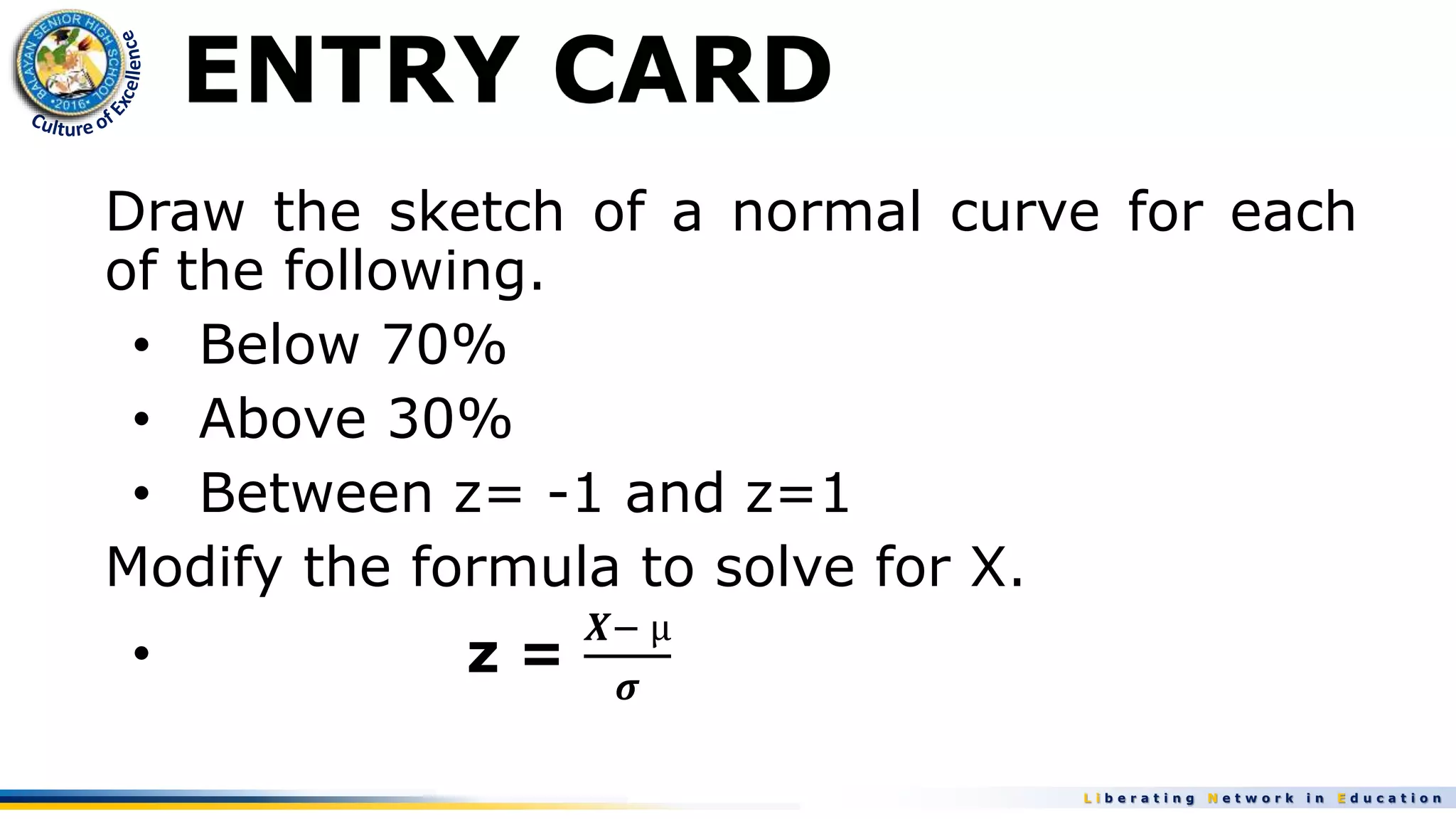 L i b e r a t i n g N e t w o r k i n E d u c a t i o n
ENTRY CARD
Draw the sketch of a normal curve for each
of the following.
• Below 70%
• Above 30%
• Between z= -1 and z=1
Modify the formula to solve for X.
• z =
𝑿− µ
𝝈
 