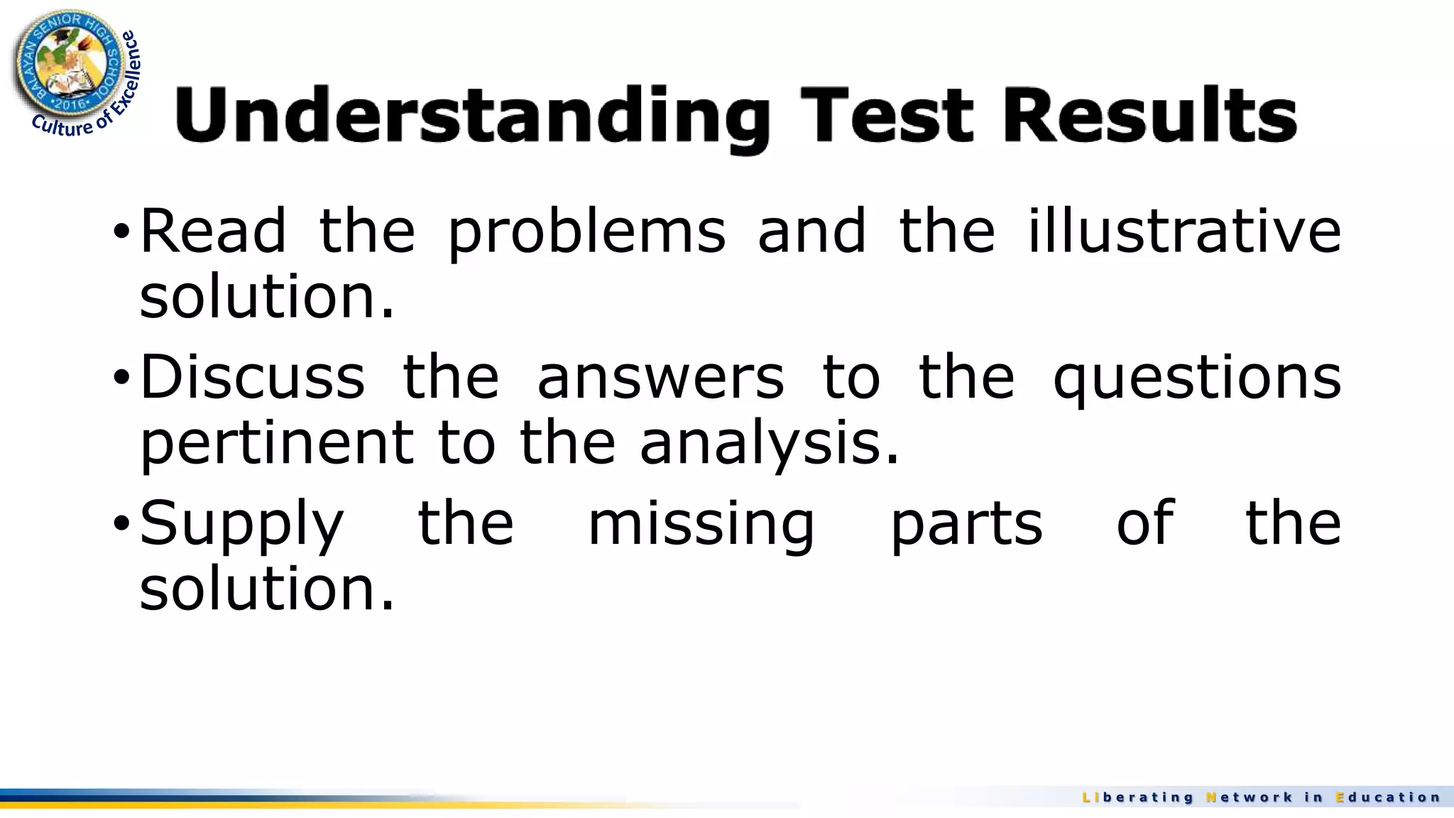 L i b e r a t i n g N e t w o r k i n E d u c a t i o n
•Read the problems and the illustrative
solution.
•Discuss the answers to the questions
pertinent to the analysis.
•Supply the missing parts of the
solution.
 