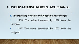 1. UNDERSTANDING PERCENTAGE CHANGE
c. Interpreting Positive and Negative Percentages
• +15%: The value increased by 15% from the
original.
• -10%: The value decreased by 10% from the
original.
 