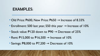 EXAMPLES:
• Old Price: 600, New Price: 650 Increase of 8.33%
₱ ₱ →
• Enrollment: 500 last year, 550 this year Increase of 10%
→
• Stock value: 120 down to 90 Decrease of 25%
₱ ₱ →
• Rent: 15,000 to 16,500 Increase of 10%
₱ ₱ →
• Savings: 8,000 to 7,200 Decrease of 10%
₱ ₱ →
 