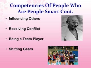 Competencies Of People Who Are People Smart Cont.Influencing OthersResolving ConflictBeing a Team PlayerShifting Gears