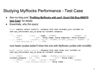 www.percona.com
Studying MyRocks Performance - Test Case
● See my blog post “Profiling MyRocks with perf: Good Old Bug #68079
Use Case” for details
● Essentially, why this query:
mysql> explain select count(*), category from task straight_join incident on
task.sys_id=incident.sys_id group by incident.category;
...
| 1 | SIMPLE | task | index | PRIMARY | PRIMARY | 96
| NULL | 8292 | Using index; Using temporary; Using filesort |
| 1 | SIMPLE | incident | eq_ref | PRIMARY,incident_category | PRIMARY | 96
| test.task.sys_id | 1 | NULL |
runs faster (scales better?) than this one with MyRocks (unlike with InnoDB):
mysql> explain select count(*), category from task inner join incident on
task.sys_id=incident.sys_id group by incident.category;
...
| 1 | SIMPLE | incident | index | PRIMARY,incident_category |
incident_category | 123 | NULL | 8192 | Using index |
| 1 | SIMPLE | task | eq_ref | PRIMARY | PRIMARY
| 96 | test.incident.sys_id | 1 | Using index |
19
 
