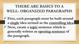 THERE ARE BASICS TO A
WELL- ORGANIZED PARAGRAPHS
 First, each paragraph must be built around
a single idea termed as the controlling idea.
 Next, create a topic sentence which is
generally written as opening sentence of
the paragraph.
 