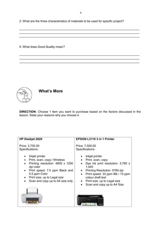 2. What are the three characteristics of materials to be used for specific project?
_________________________________________________________________________
_________________________________________________________________________
_________________________________________________________________________
II. What does Good Quality mean?
_________________________________________________________________________
_________________________________________________________________________
_________________________________________________________________________
What’s More
DIRECTION: Choose 1 item you want to purchase based on the factors discussed in the
lesson. State your reasons why you choose it.
HP Deskjet 2620
Price: 3,705.00
Specifications:
 Inkjet printer
 Print, scan, copy / Wireless
 Printing resolution: 4800 x 1200
dpi color
 Print speed: 7.5 ppm Black and
5.5 ppm Color
 Print size: up to Legal size
 Scan and copy up to A4 size only
EPSON L3110 3 in 1 Printer
Price: 7,500.00
Specifications:
 Inkjet printer
 Print, scan, copy
 Dye ink print resolution: 5,760 x
1,440
 Printing Resolution: 5760 dpi
 Print speed: 33 ppm Blk / 15 ppm
colour draft text
 Print size: up to Legal size
 Scan and copy up to A4 Size
4
 