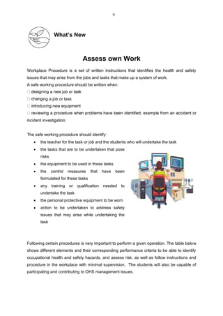 What’s New
Assess own Work
Workplace Procedure is a set of written instructions that identifies the health and safety
issues that may arise from the jobs and tasks that make up a system of work.
A safe working procedure should be written when:
ging a job or task
incident investigation.
The safe working procedure should identify:
 the teacher for the task or job and the students who will undertake the task
 the tasks that are to be undertaken that pose
risks
 the equipment to be used in these tasks
 the control measures that have been
formulated for these tasks
 any training or qualification needed to
undertake the task
 the personal protective equipment to be worn
 action to be undertaken to address safety
issues that may arise while undertaking the
task
Following certain procedures is very important to perform a given operation. The table below
shows different elements and their corresponding performance criteria to be able to identify
occupational health and safety hazards, and assess risk, as well as follow instructions and
procedure in the workplace with minimal supervision. The students will also be capable of
participating and contributing to OHS management issues.
9
 