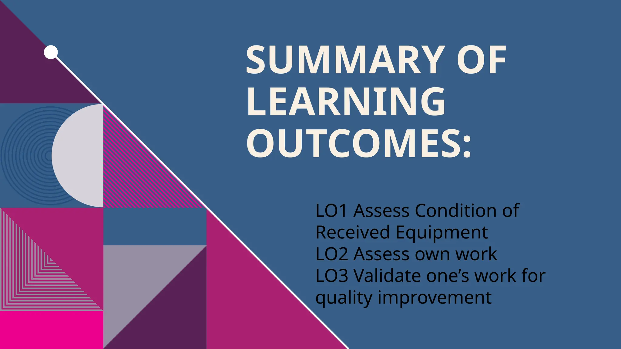 SUMMARY OF
LEARNING
OUTCOMES:
LO1 Assess Condition of
Received Equipment
LO2 Assess own work
LO3 Validate one’s work for
quality improvement
 