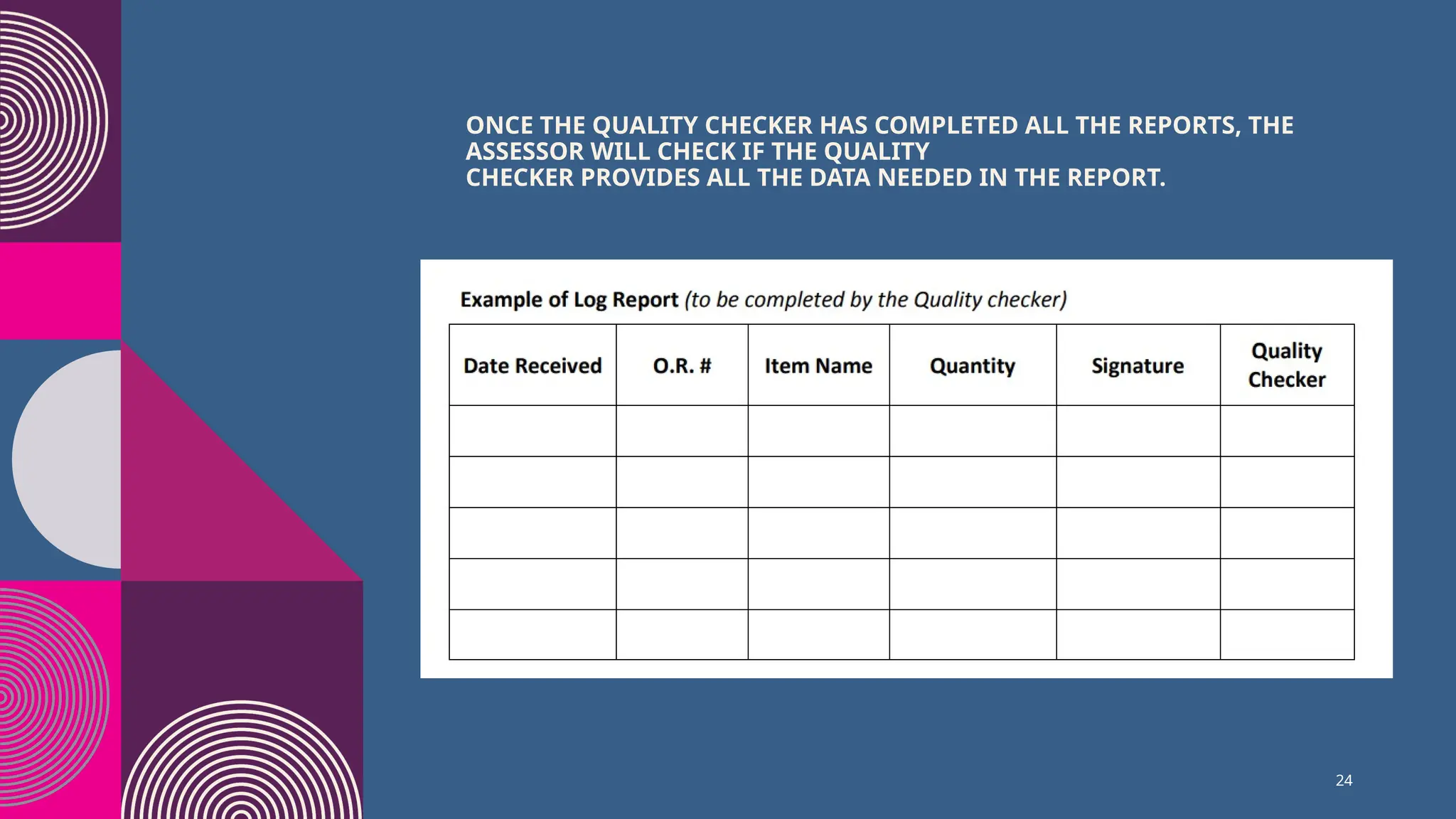 24
ONCE THE QUALITY CHECKER HAS COMPLETED ALL THE REPORTS, THE
ASSESSOR WILL CHECK IF THE QUALITY
CHECKER PROVIDES ALL THE DATA NEEDED IN THE REPORT.
 