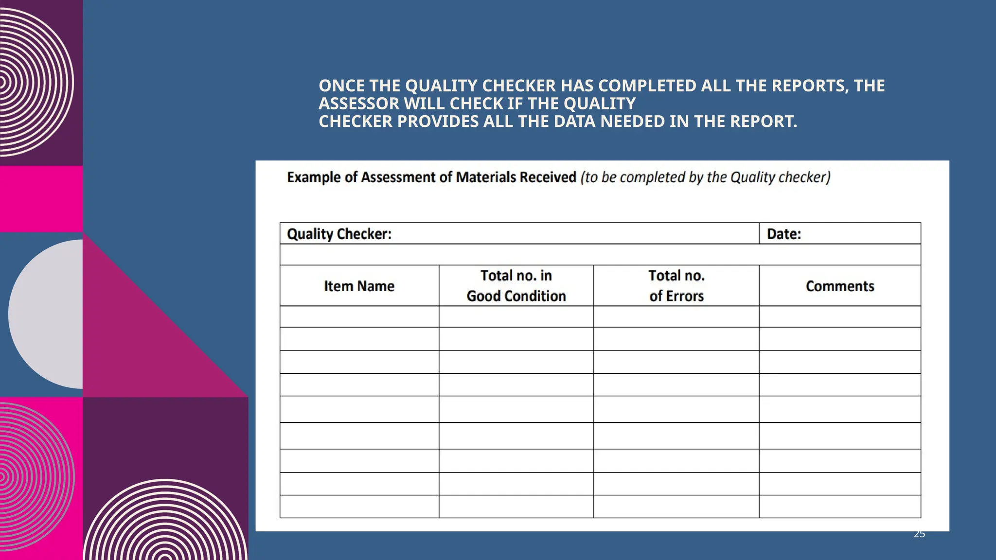 25
ONCE THE QUALITY CHECKER HAS COMPLETED ALL THE REPORTS, THE
ASSESSOR WILL CHECK IF THE QUALITY
CHECKER PROVIDES ALL THE DATA NEEDED IN THE REPORT.
 
