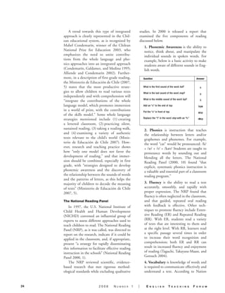 A trend towards this type of integrated                studies. In 2000 it released a report that
     approach is clearly represented in the Chil-               examined the five components of reading
     ean educational system, as is recognized by                discussed below.
     Mabel Condemarín, winner of the Chilean                      1. Phonemic Awareness is the ability to
     National Prize for Education 2003, who                       notice, think about, and manipulate the
     emphasizes the need to unite contribu-                       individual sounds in spoken words. For
     tions from the whole language and pho-                       example, below is a basic activity to make
     nics approaches into an integrated approach                  students aware of different sounds in Eng-
     (Condemarín, Galdames, and Medina 1995;                      lish words.
     Alliende and Condemarín 2002). Further-
     more, in a description of first grade reading,               Question                                            Answer
     the Ministerio de Educación de Chile (2007,
     5) states that the most productive strate-                   What is the first sound of the word hat?              h
     gies to allow children to read various texts                 What is the last sound of the word map?               p
     independently and with comprehension will                                                                          ˆ
                                                                  What is the middle sound of the word top?             o
     “integrate the contributions of the whole
     language model, which promotes immersion                     Add an “s” to the end of top.                        tops
     in a world of print, with the contributions                  Put the “s” in front of top.                         stop
     of the skills model.” Some whole language
                                                                  Replace the “t” in the word stop with an “h.”
     strategies mentioned include (1) creating                                                                         shop
     a lettered classroom, (2) practicing silent,
     sustained reading, (3) taking a reading walk,                2. Phonics is instruction that teaches
     and (4) examining a variety of authentic                     the relationship between letters and/or
     texts relevant to the child’s world (Minis-                  graphemes and phonemes. For example,
     terio de Educación de Chile 2007). How-                      the word “cat” would be pronounced: /k/
     ever, research and teaching practice shows                   + /æ/ + /t/ = /kæt/ Students are taught to
     how “only one model does not favor the                       pronounce words by sounding out and
     development of reading,” and that immer-                     blending all the letters. The National
     sion should be combined, especially in first                 Reading Panel (2000, 10) found “that
     grade, with “strategies designed to develop                  explicit, systematic phonics instruction is
     phonemic awareness and the discovery of                      a valuable and essential part of a classroom
     the relationship between the sounds of words                 reading program.”
     and the patterns of letters, as this helps the
     majority of children to decode the meaning                   3. Fluency is the ability to read a text
     of texts” (Ministerio de Educación de Chile                  accurately, smoothly, and rapidly with
     2007, 5).                                                    proper expression. The NRP found that
                                                                  fluency is often neglected in the classroom,
     The National Reading Panel                                   and that guided, repeated oral reading
         In 1997, the U.S. National Institute of                  with feedback is effective. Other tech-
     Child Health and Human Development                           niques to promote fluency include Exten-
     (NICHD) convened an influential group of                     sive Reading (ER) and Repeated Reading
     experts to assess different approaches used to               (RR). With ER, students read a variety
     teach children to read. The National Reading                 of texts that are interesting to them and
     Panel (NRP), as it was called, was directed to               at the right level. With RR, learners read
     report on the research, indicate if it could be              a specific passage several times in order
     applied in the classroom, and, if appropriate,               to increase their word recognition and
     present “a strategy for rapidly disseminating                comprehension; both ER and RR can
     this information to facilitate effective reading             result in increased fluency and enjoyment
     instruction in the schools” (National Reading                of reading (Taguchi, Takayasu-Maass, and
     Panel 2000, 1).                                              Gorsuch 2004).
         The NRP reviewed scientific, evidence-                   4. Vocabulary is knowledge of words and
     based research that met rigorous method-                     is required to communicate effectively and
     ological standards while excluding qualitative               understand a text. According to Nation


24                            2008       Number         1   |        E   n g l i s h        T    E a c h i n g    F   o r u m
 