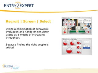 15
Recruit | Screen | Select
Utilize a combination of behavioral
evaluation and hands-on simulator
usage as a means of increasing
throughput
Because finding the right people is
critical
 