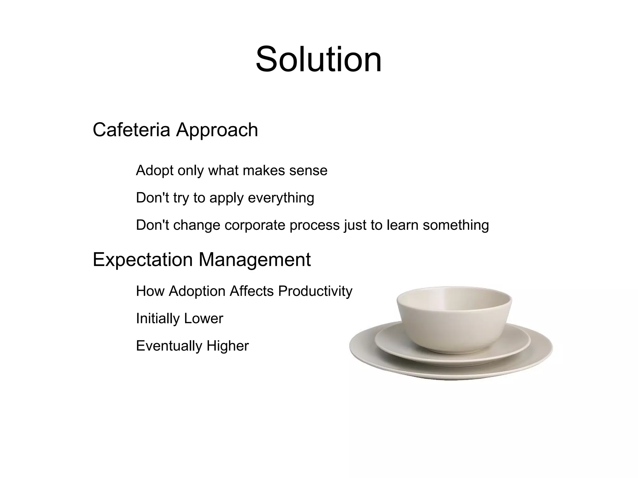 Solution Cafeteria Approach Adopt only what makes sense Don't try to apply everything Don't change corporate process just to learn something Expectation Management How Adoption Affects Productivity Initially Lower Eventually Higher 