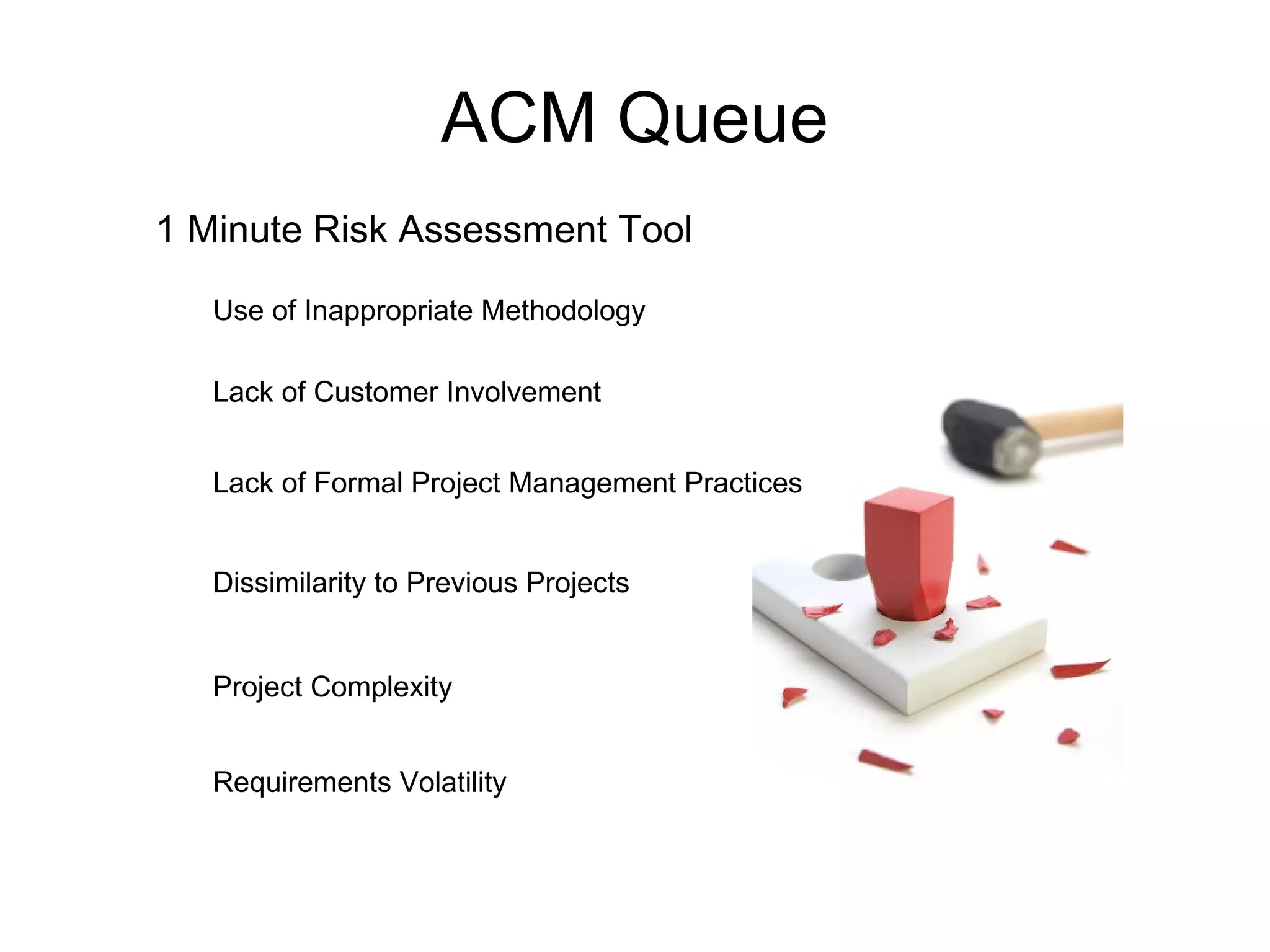 ACM Queue 1 Minute Risk Assessment Tool Use of Inappropriate Methodology Lack of Customer Involvement Lack of Formal Project Management Practices Dissimilarity to Previous Projects Project Complexity Requirements Volatility 