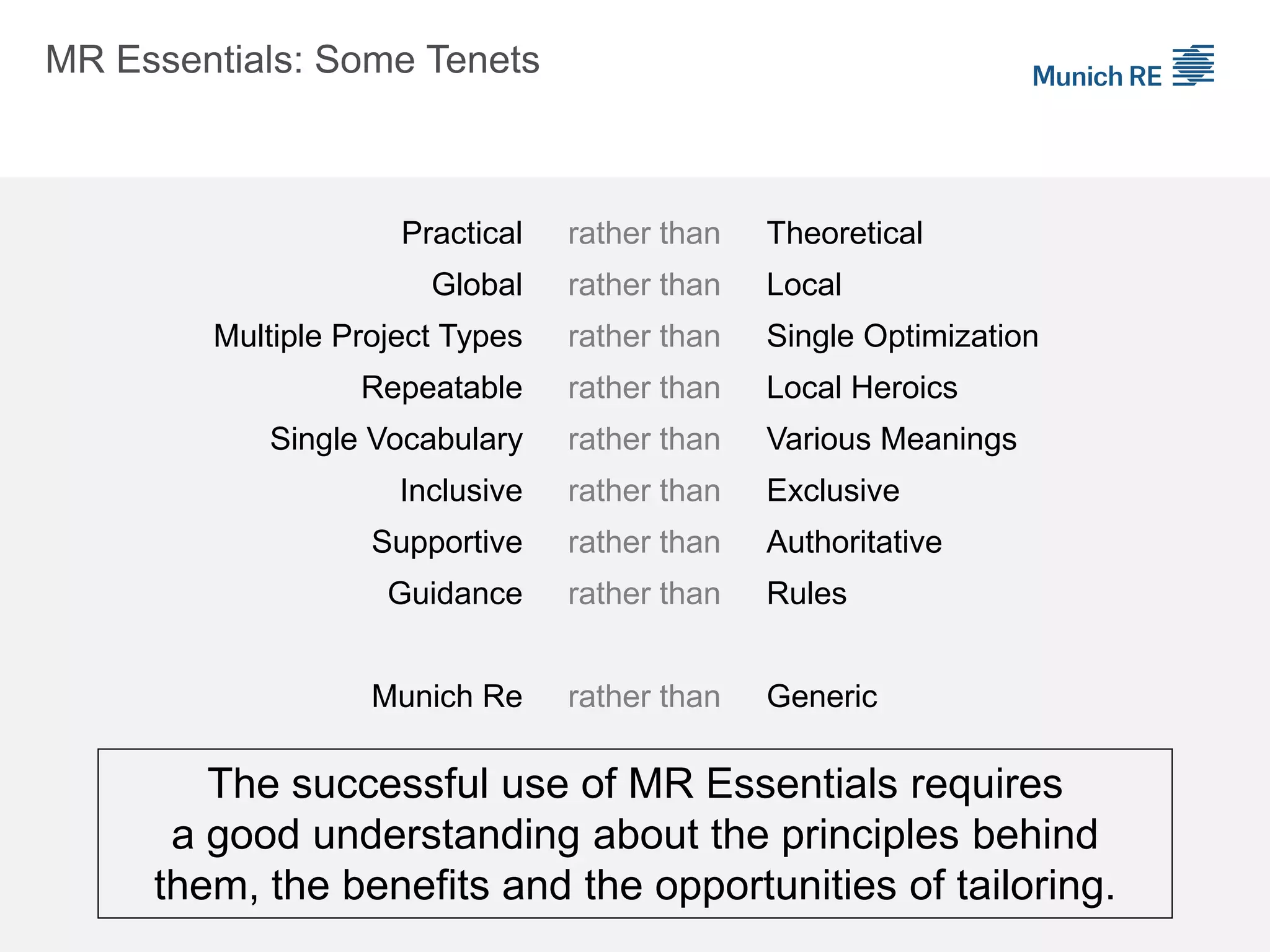 MR Essentials: Some Tenets
Practical rather than Theoretical
Global rather than Local
Multiple Project Types rather than Single Optimization
Repeatable rather than Local Heroics
Single Vocabulary rather than Various Meanings
Inclusive rather than Exclusive
Supportive rather than Authoritative
Guidance rather than Rules
Munich Re rather than Generic
The successful use of MR Essentials requires
a good understanding about the principles behind
them, the benefits and the opportunities of tailoring.
 