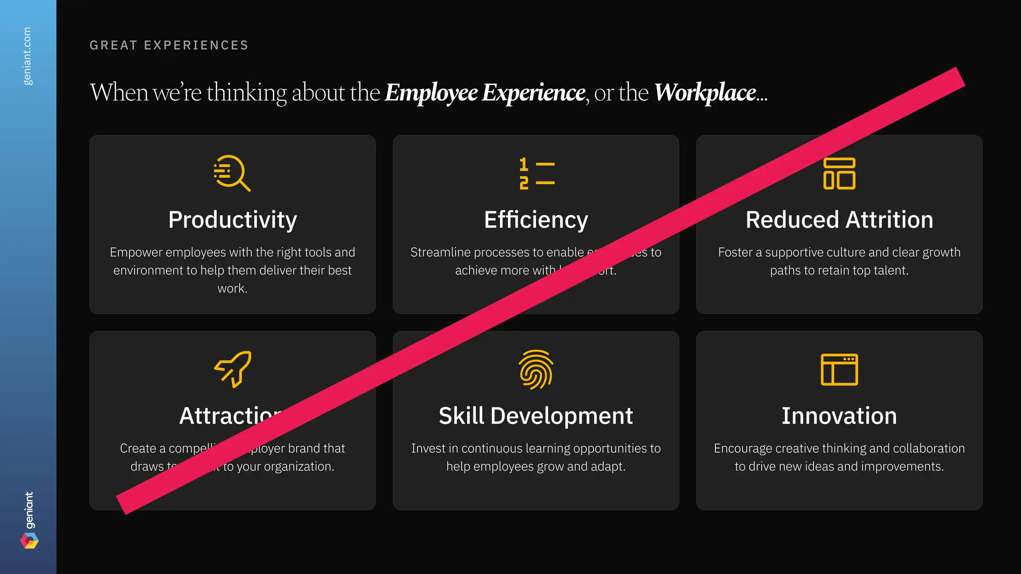 great experiences
Whenwe’rethinkingabouttheEmployeeExperience,ortheWorkplace...
Productivity
Empower employees with the right tools and
environment to help them deliver their best
work.
Efficiency
Streamline processes to enable employees to
achieve more with less effort.
Reduced Attrition
Foster a supportive culture and clear growth
paths to retain top talent.
Attraction
Create a compelling employer brand that
draws top talent to your organization.
Skill Development
Invest in continuous learning opportunities to
help employees grow and adapt.
Innovation
Encourage creative thinking and collaboration
to drive new ideas and improvements.
geniant.com
 