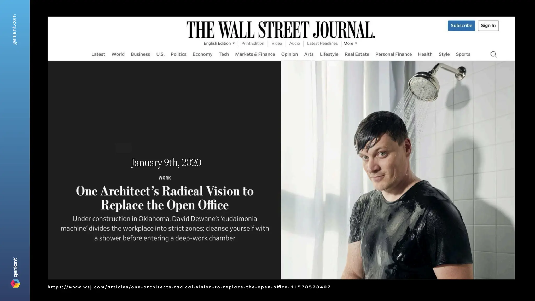 geniant.com
h t t p s : / / w w w . w s j . c o m / a r t i c l e s / o n e - a r c h i t e c t s - r a d i c a l - v i s i o n - t o - r e p l a c e - t h e - o p e n - o ffi c e - 1 1 5 7 8 5 7 8 4 0 7
January 9th, 2020
 