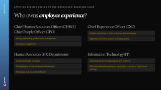 A p p ly i n g S e r v i c e D e s i g n t o t h e W o r k p l a c e : B r e a k i n g s i l o s
Who owns employee experience?
geniant.com
Chief Human Resources Officer (CHRO) /
Chief People Officer (CPO)
Hiring, onboarding, performance management
Employee engagement
Chief Experience Officer (CXO)
Holistic experience of both customers and employees
Alignment with the company's strategic goals
Human Resources (HR) Departments
Implementing EX strategies
Managing day-to-day employee interactions
Workplace culture and satisfaction
Information Technology (IT)
Delivering the technological tools and platforms
Efficient employee experience, especially in remote or hybrid work
settings
 