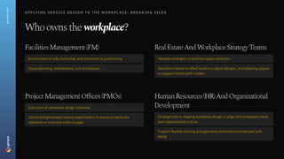 A p p ly i n g S e r v i c e D e s i g n t o t h e W o r k p l a c e : B r e a k i n g s i l o s
Who owns the workplace?
geniant.com
Facilities Management (FM)
Environment is safe, functional, and conducive to productivity
Space planning, maintenance, and compliance
Real Estate and Workplace Strategy Teams
Develop strategies to optimize space utilization
Decisions related to office locations, layout designs, and adapting spaces
to support hybrid work models
Project Management Offices (PMOs)
Execution of workplace design initiatives
Coordinating between various stakeholders to ensure projects are
delivered on time and within budget
Human Resources (HR) and Organizational
Development
Strategic role in shaping workplace design to align with employee needs
and organizational culture
Support flexible working arrangements and enhance employee well-
being
 