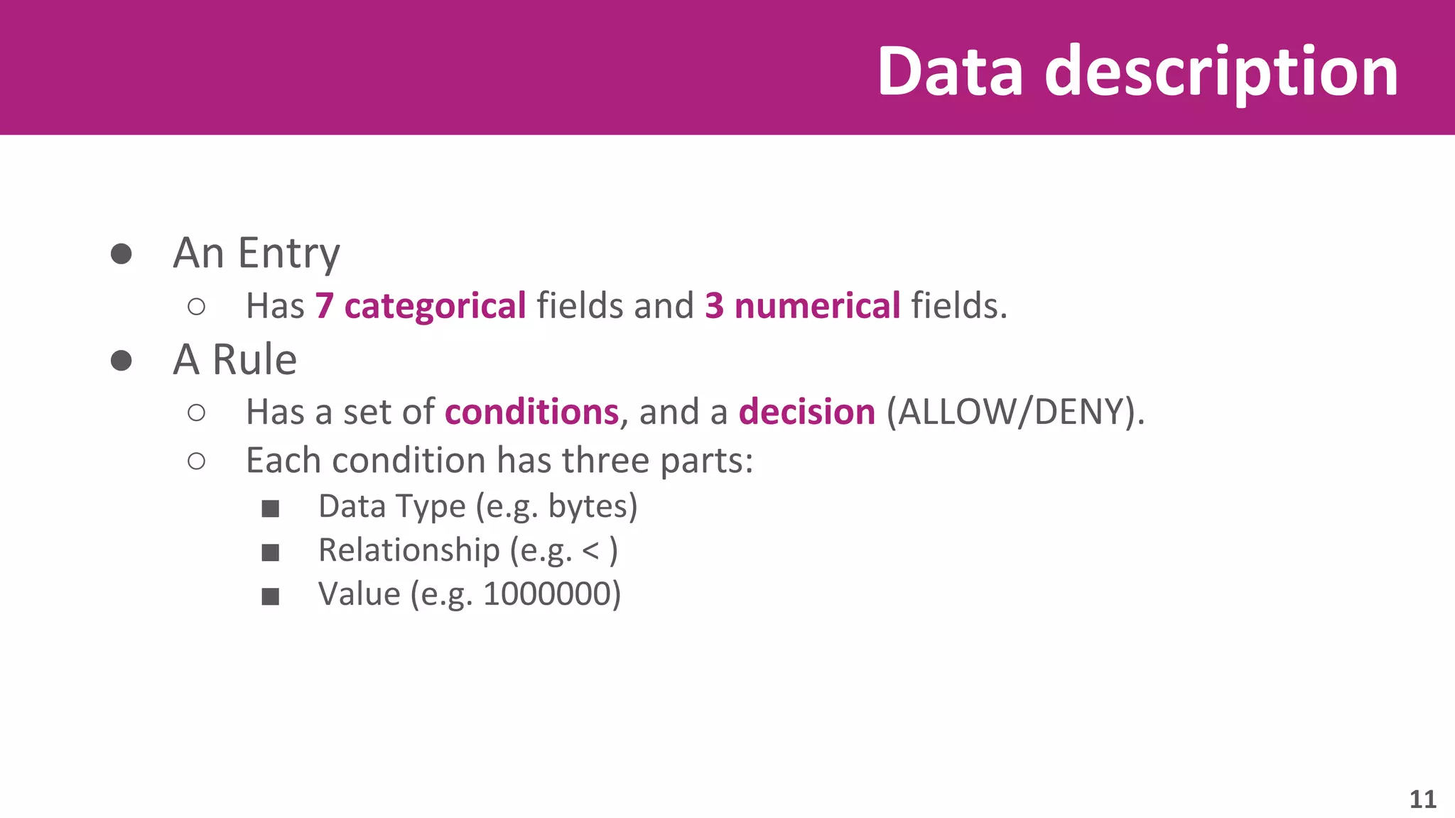● An Entry 
○ Has 7 categorical fields and 3 numerical fields. 
● A Rule 
○ Has a set of conditions, and a decision (ALLOW/DENY). 
○ Each condition has three parts: 
■ Data Type (e.g. bytes) 
■ Relationship (e.g. < ) 
■ Value (e.g. 1000000) 
Data description 
11 
 