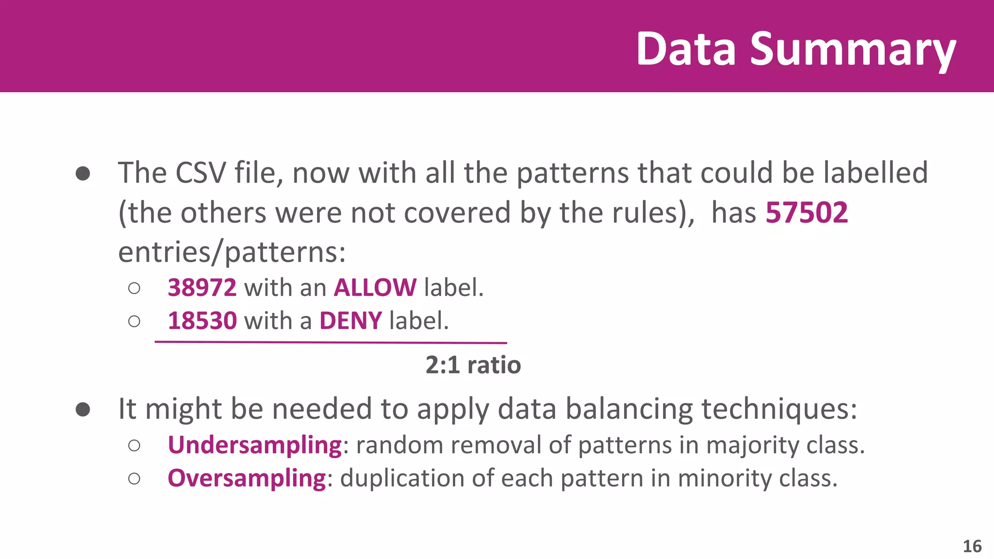 Data Summary 
● The CSV file, now with all the patterns that could be labelled 
(the others were not covered by the rules), has 57502 
entries/patterns: 
○ 38972 with an ALLOW label. 
○ 18530 with a DENY label. 
2:1 ratio 
● It might be needed to apply data balancing techniques: 
○ Undersampling: random removal of patterns in majority class. 
○ Oversampling: duplication of each pattern in minority class. 
16 
 