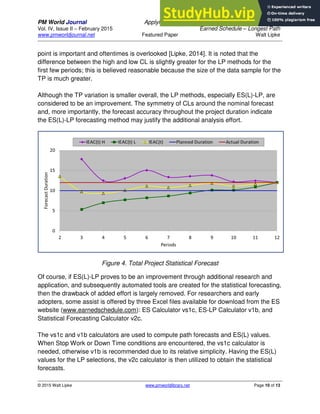 PM World Journal Applying Statistical Forecasting of Project Duration to
Vol. IV, Issue II – February 2015 Earned Schedule – Longest Path
www.pmworldjournal.net Featured Paper Walt Lipke
© 2015 Walt Lipke www.pmworldlibrary.net Page 10 of 13
point is important and oftentimes is overlooked [Lipke, 2014]. It is noted that the
difference between the high and low CL is slightly greater for the LP methods for the
first few periods; this is believed reasonable because the size of the data sample for the
TP is much greater.
Although the TP variation is smaller overall, the LP methods, especially ES(L)-LP, are
considered to be an improvement. The symmetry of CLs around the nominal forecast
and, more importantly, the forecast accuracy throughout the project duration indicate
the ES(L)-LP forecasting method may justify the additional analysis effort.
Figure 4. Total Project Statistical Forecast
Of course, if ES(L)-LP proves to be an improvement through additional research and
application, and subsequently automated tools are created for the statistical forecasting,
then the drawback of added effort is largely removed. For researchers and early
adopters, some assist is offered by three Excel files available for download from the ES
website (www.earnedschedule.com): ES Calculator vs1c, ES-LP Calculator v1b, and
Statistical Forecasting Calculator v2c.
The vs1c and v1b calculators are used to compute path forecasts and ES(L) values.
When Stop Work or Down Time conditions are encountered, the vs1c calculator is
needed, otherwise v1b is recommended due to its relative simplicity. Having the ES(L)
values for the LP selections, the v2c calculator is then utilized to obtain the statistical
forecasts.
 